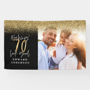 70th birthday modern black and gold glitter photo banner