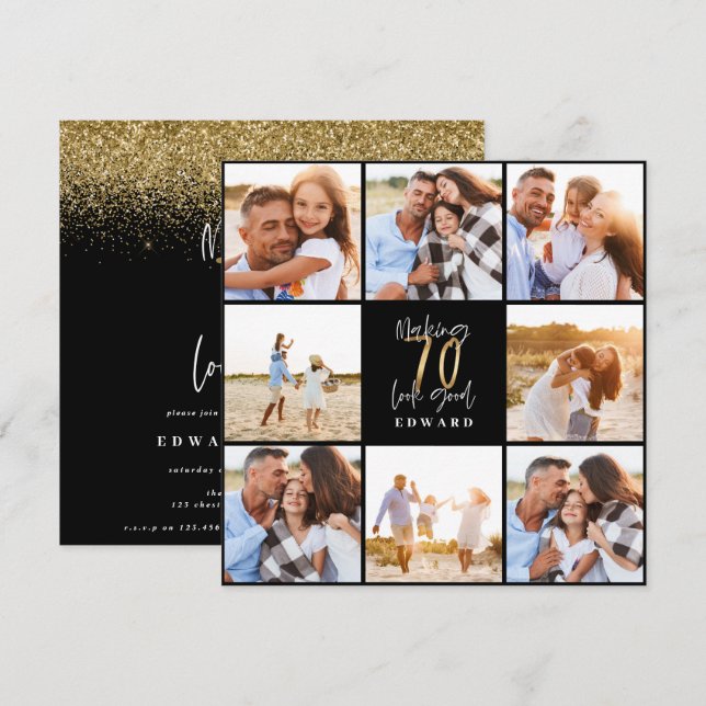 70th birthday modern black and gold photo collage (Front/Back)