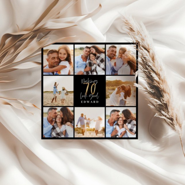 70th birthday modern black and gold photo collage (Creator Uploaded)