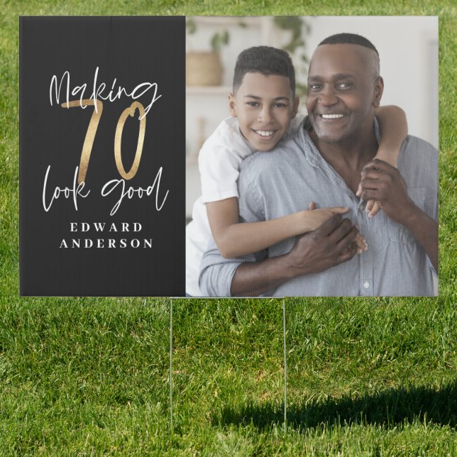 70th birthday modern black and gold photo collage sign (Insitu)