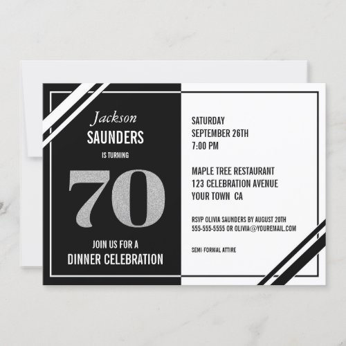 70th Birthday Modern Black and White Dinner Party Invitation