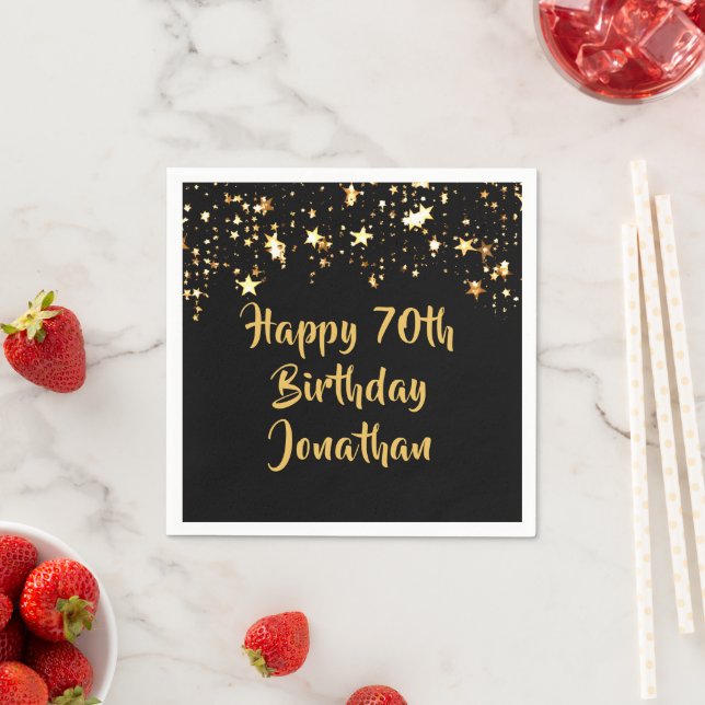 70th Birthday Modern Black Gold Stars Name Napkins (Insitu)