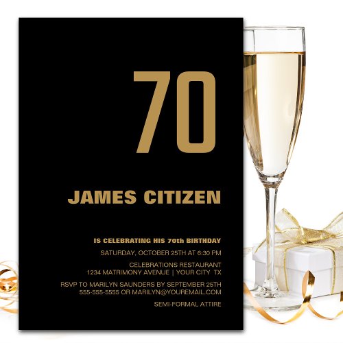 70th Birthday Modern Minimalist Black Gold Party Invitation
