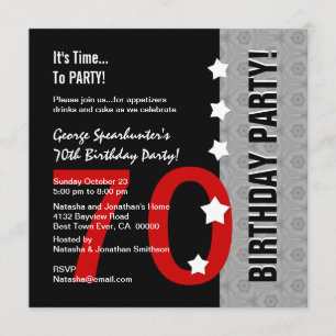70th Birthday Modern Red Silver Black Funny D845E Invitation