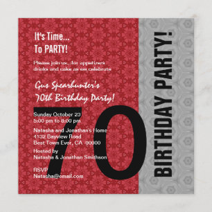 70th Birthday Modern Red Silver Black Funny D848 Invitation