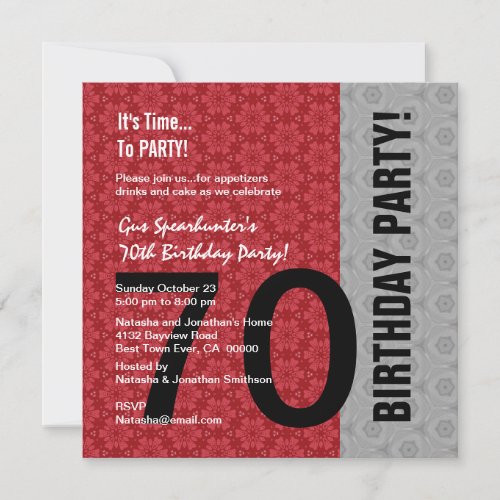 70th Birthday Modern Red Silver Black Funny D848 Invite