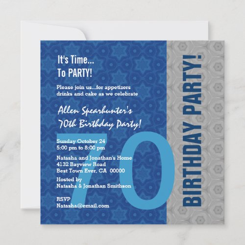 70th Birthday Modern Silver and Blue Funny D848A Invitation