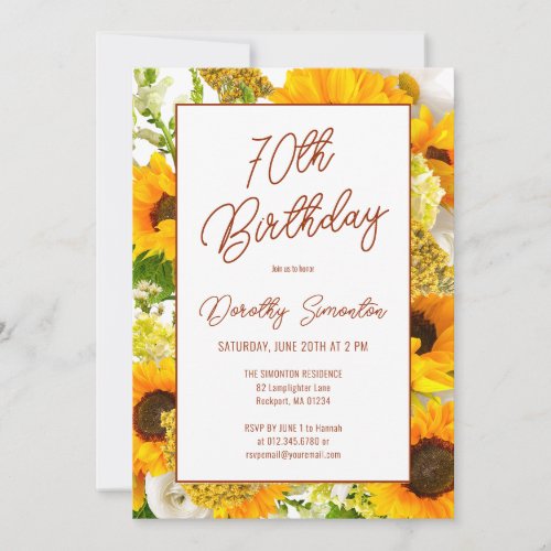 70th Birthday Modern Sunflower Floral Invitation