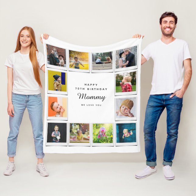 70th Birthday Mommy Photo Collage Template White Fleece Blanket (In Situ)