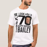70th birthday mono look 70 custom photo and name T-Shirt<br><div class="desc">70th birthday mono, look who is 70 custom photo and name t-shirt. Fun 70th personalized photo black and white birthday tee design. Personalize this birthday shirt with a photograph of the birthday boy or girl in the middle of the number 0. Great idea for adding some fun to a milestone...</div>