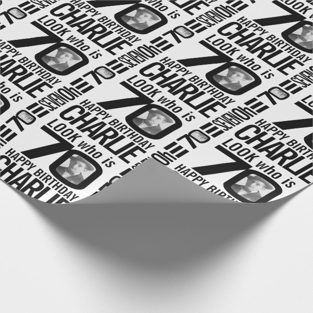 70th birthday mono look 70 custom photo and name wrapping paper (Corner)