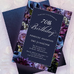 70th Birthday Moody Purple Flower Invitation<br><div class="desc">Moody purple flowers create a lush border on this 70th birthday party invitation. Pops of dusty blue and ivory white add to the floral display. A dark background adds to the mood and makes the white text pop. Traditional calligraphy script gives it an elegant vibe. Except for the word birthday,...</div>