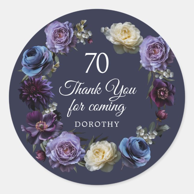 70th Birthday Moody Purple Flower Thank You Favor Classic Round Sticker (Front)