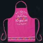 70th Birthday Most Fabulous Colorful Gems Pink Apron<br><div class="desc">Celebrate the milestone birthday of your favorite senior citizen with this fun gift reminding them of how fabulous they are. White and grey lettering on deep turquoise background. Colorful diamond-cut gems in rainbow tones serve as accent. Customize with names, initials or other text. This series is in increments of 5...</div>