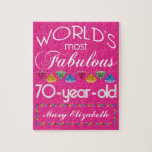 70th Birthday Most Fabulous Colorful Gems Pink Jigsaw Puzzle<br><div class="desc">Celebrate the milestone birthday of your favorite senior citizen with this fun gift reminding them of how fabulous they are. White and grey lettering on deep pink background. Colorful diamond-cut gems in rainbow tones serve as accent. Customize with names, initials or other text. This series is in increments of 5...</div>