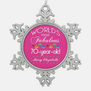 70th Birthday Most Fabulous Colorful Gems Pink Snowflake Pewter Christmas Ornament