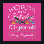 70th Birthday Most Fabulous Colorful Gems Pink Square Wall Clock<br><div class="desc">Celebrate the milestone birthday of your favorite senior citizen with this fun gift reminding them of how fabulous they are. White and gray lettering on deep pink background. Colorful diamond-cut gems in rainbow tones serve as accent. Customize with names, initials or other text. This series is in increments of 5...</div>