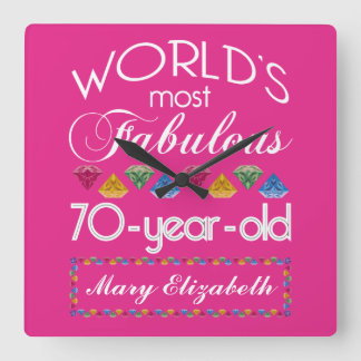 70th Birthday Most Fabulous Colorful Gems Pink Square Wall Clock