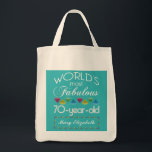 70th Birthday Most Fabulous Colorful Gems Turquois Tote Bag<br><div class="desc">Celebrate the milestone birthday of your favorite senior citizen with this fun gift reminding them of how fabulous they are. White and grey lettering on deep turquoise background. Colorful diamond-cut gems in rainbow tones serve as accent. Customize with names, initials or other text. This series is in increments of 5...</div>