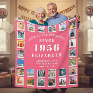 70th Birthday Mother Family Photo collage Pink Fleece Blanket