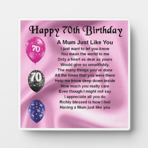 70th Birthday Mum Poem Plaque