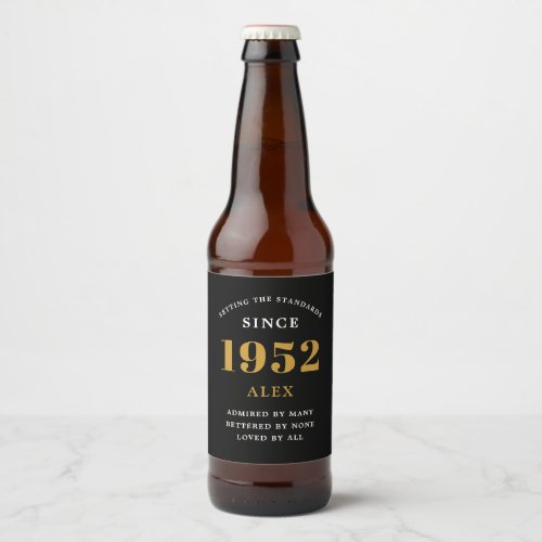 70th Birthday Name 1952 Black Elegant Chic Beer Bottle Label