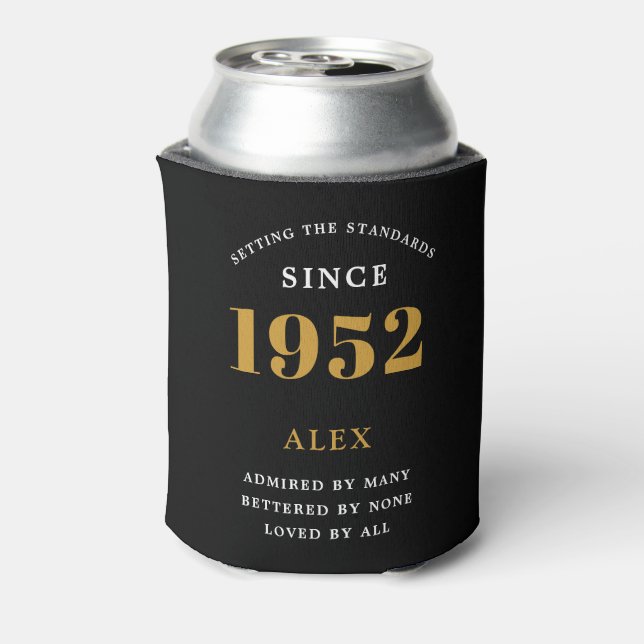 70th Birthday Name 1952 Black Gold Elegant Chic Can Cooler (Can Back)
