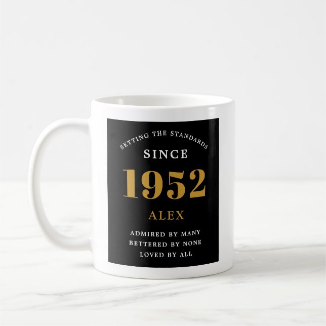 70th Birthday Name 1952 Black Gold Elegant Chic Coffee Mug (Left)