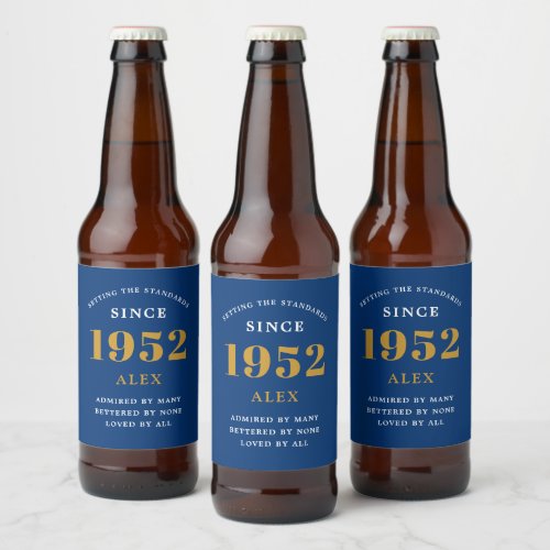 70th Birthday Name 1952 Blue Gold Elegant Chic Beer Bottle Label
