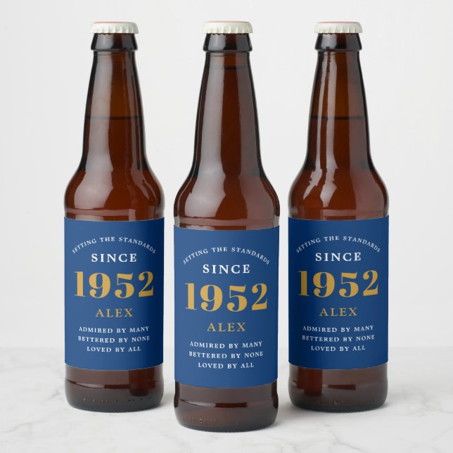 70th Birthday Name 1952 Blue Gold Elegant Chic Beer Bottle Label (Bottles)
