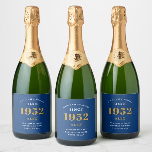 70th Birthday Name 1952 Blue Gold Elegant Chic Sparkling Wine Label