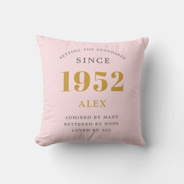 70th Birthday Name 1952 Pink Grey Elegant Chic Throw Pillow (Front)