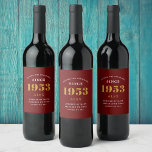 70th Birthday Name 1953 Red Gold Elegant Chic Wine Label<br><div class="desc">Celebrate a loved one’s 70th birthday in style with our custom wine labels! Our personalized 70th birthday party supplies feature an elegant red and gold design, perfect for any special occasion. Our wine labels are high quality and are sure to bring a touch of glamor to the event. With this...</div>