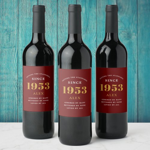 70th Birthday Name 1953 Red Gold Elegant Chic Wine Label