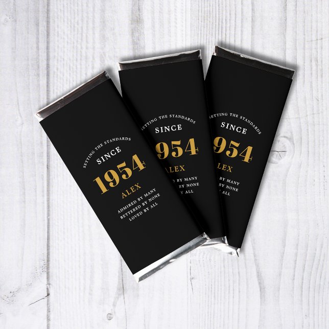 70th Birthday Name 1954 Black Gold Elegant Chic Hershey Bar Favors (1954 Vintage Black Gold Elegant Hershey Bar - Personalized 70th Birthday Celebration Favors.)