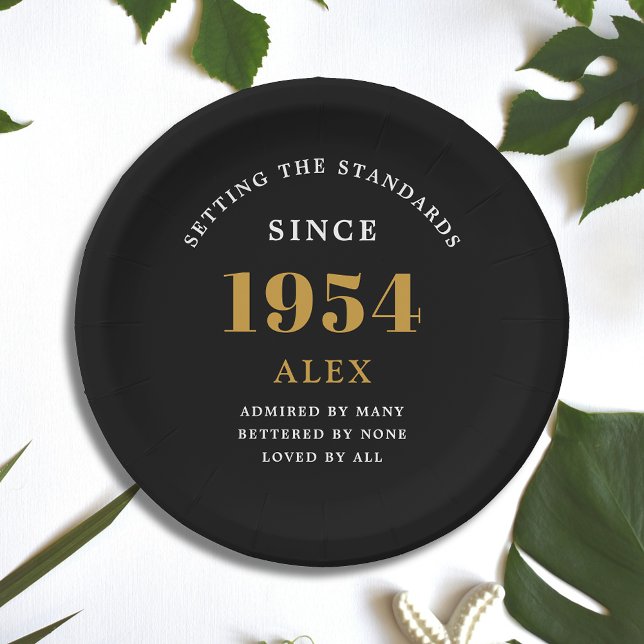 70th Birthday Name 1954 Black Gold Elegant Chic Paper Plates (Sophisticated 70th Birthday Unique Black & Gold Party Paper Plates)