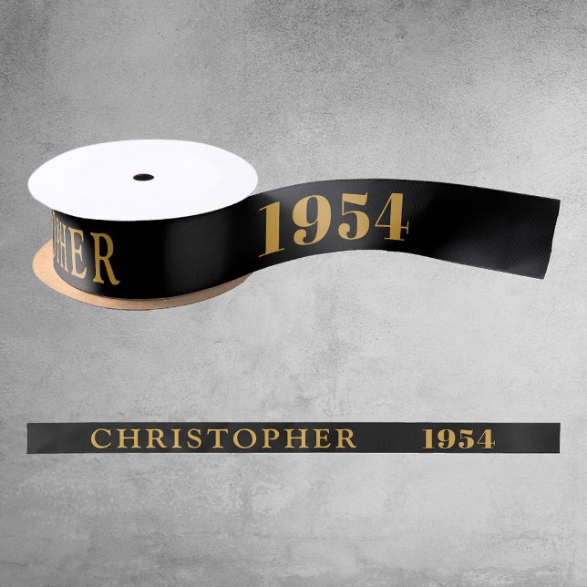 70th Birthday Name 1954 Black Gold Elegant Chic Satin Ribbon (70th Birthday Black Gold Elegant Chic Satin Ribbon Born 1954 - Personalized Celebration Accessory.)