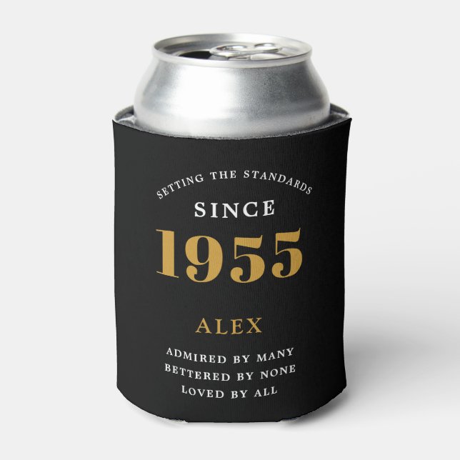 70th Birthday Name 1955 Black Gold Elegant Chic Can Cooler (Can Front)