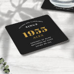 70th Birthday Name 1955 Black Gold Elegant Chic Square Paper Coaster<br><div class="desc">Premium 70th Birthday Black and Gold Personalized Paper Coasters - Celebration Elegance. Celebrate a milestone birthday in style with our chic, premium-quality, 70th Birthday paper coasters. Exquisitely designed with a striking black and gold color scheme, these coasters add a touch of luxury and sophistication to any 70th birthday bash. Express...</div>