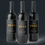 70th Birthday Name 1955 Black Gold Elegant Chic Wine Label<br><div class="desc">1955 Vintage 70th Birthday Black & Gold Elegant Wine Label. Celebrate your milestone with our exclusive birthday wine label. The meticulously designed label with stunning black and gold hues effortlessly enhances the visual appeal of your favorite wine. The year prominently featured on the label, adds a nostalgic throwback to the...</div>