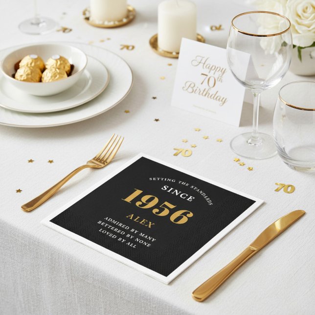 70th Birthday Name 1956 Black Gold Elegant Chic Napkins (1956 napkin on a table. White background.)