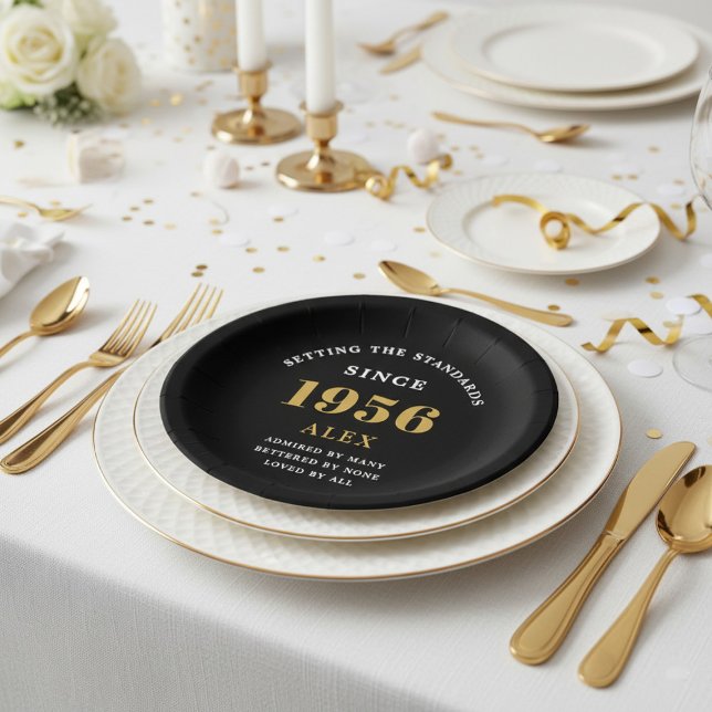 70th Birthday Name 1956 Black Gold Elegant Chic Paper Plates (1956 birthday paper plate. White and gold table setting background.)