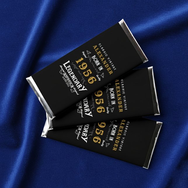 70th Birthday Name 1956 Black Gold Legend Hershey Bar Favors (Born 1956 Hershey bar wrapper. Blue background.)