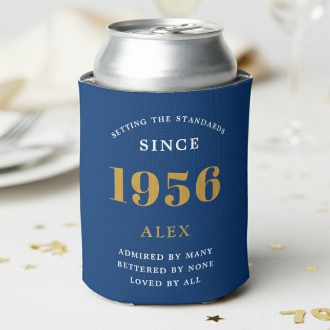 70th Birthday Name 1956 Blue Gold Elegant Chic Can Cooler (Blue 1956 can cooler with a white background.)