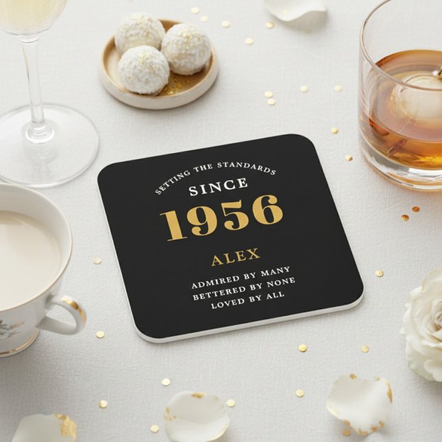 70th Birthday Name 1956 Year Black Gold Custom Square Paper Coaster (1956 paper coaster. White and gold background.)