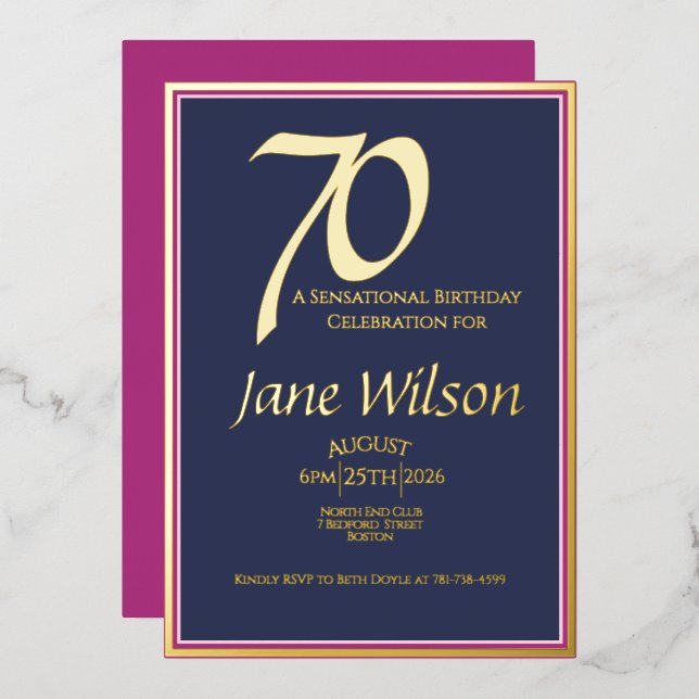  70th Birthday Navy and Pink Foil Invitation (Front/Back)