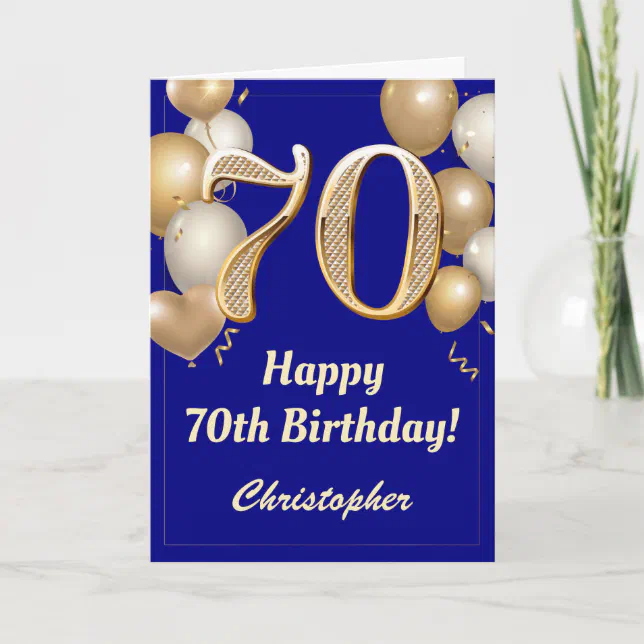 70th Birthday Navy Blue and Gold Balloons Confetti Card | Zazzle