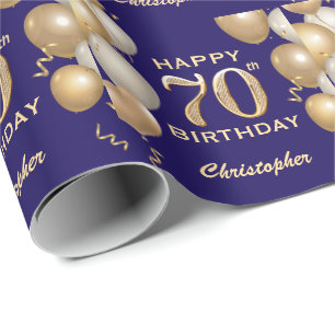 70th Birthday Navy Blue and Gold Glitter Balloons Wrapping Paper