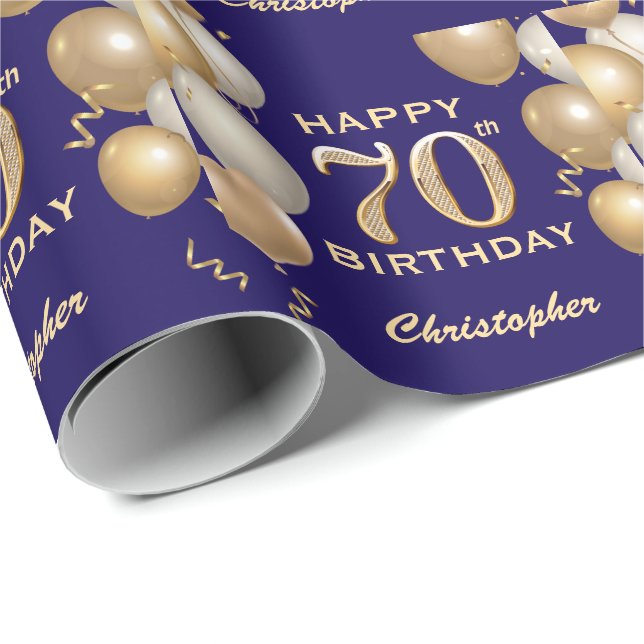 70th Birthday Navy Blue and Gold Glitter Balloons Wrapping Paper (Roll Corner)
