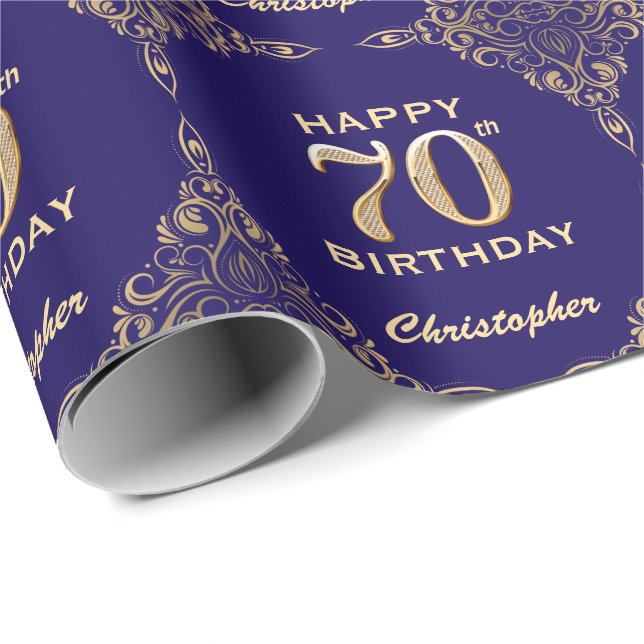 70th Birthday Navy Blue and Gold Glitter Frame Wrapping Paper (Roll Corner)